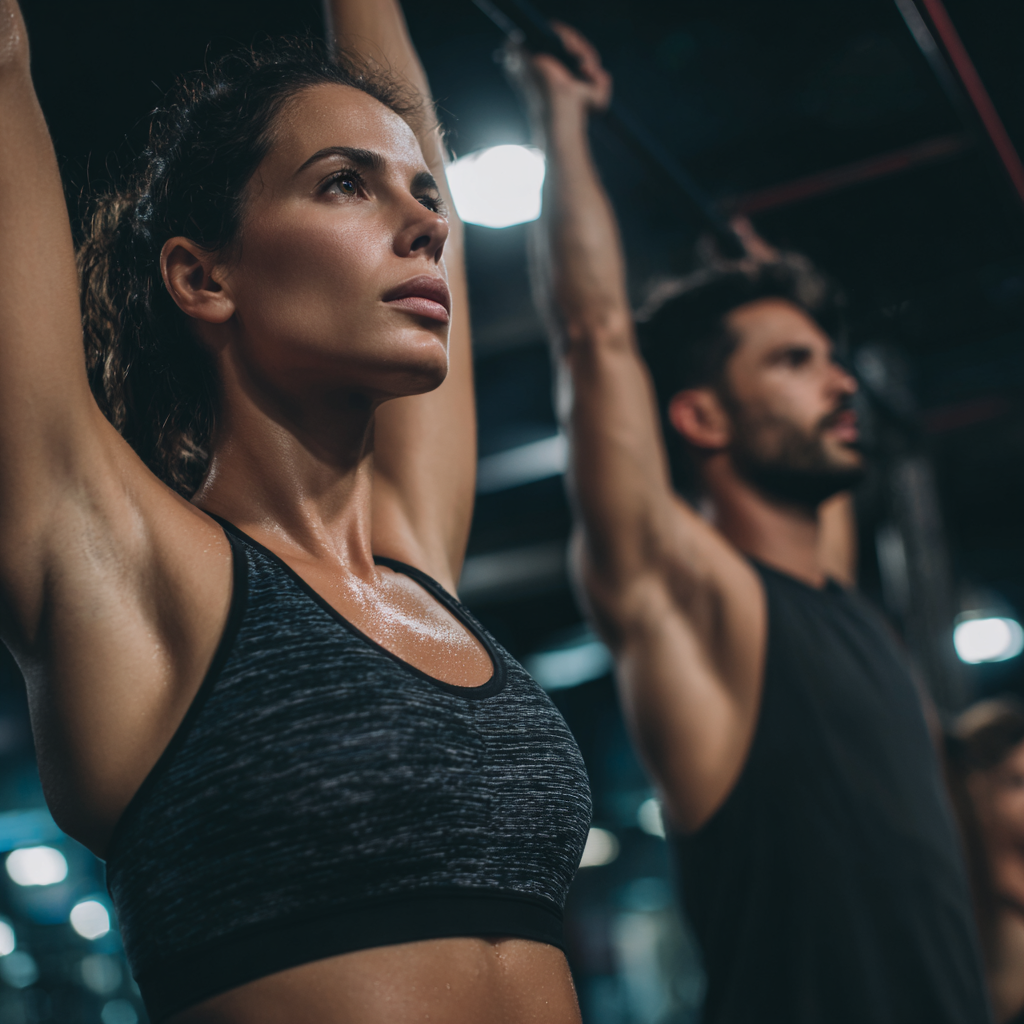 Adultos portugueses sorridentes a praticar exercício funcional num ambiente moderno e acolhedor